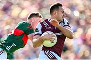 4 May 2025; Cillian McDaid of Galway in action against Ryan O’Donoghue of Mayo during the Connacht GAA Football Senior Championship final match between Mayo and Galway at Hastings Insurance MacHale Park in Castlebar, Mayo. Photo by Seb Daly/Sportsfile