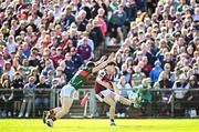 4 May 2025; Robert Finnerty of Galway in action against Jack Coyne of Mayo during the Connacht GAA Football Senior Championship final match between Mayo and Galway at Hastings Insurance MacHale Park in Castlebar, Mayo. Photo by Seb Daly/Sportsfile