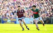 4 May 2025; Céin Darcy of Galway in action against Sam Callinan of Mayo during the Connacht GAA Football Senior Championship final match between Mayo and Galway at Hastings Insurance MacHale Park in Castlebar, Mayo. Photo by Seb Daly/Sportsfile