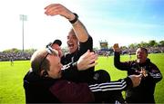 4 May 2025; Galway manager Padraic Joyce celebrates with his backrom staff after their side's victory in the Connacht GAA Football Senior Championship final match between Mayo and Galway at Hastings Insurance MacHale Park in Castlebar, Mayo. Photo by Seb Daly/Sportsfile