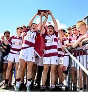 5 May 2025; Tullow players celebrate after their side's victory in the Leinster Rugby U15 Plate final match between Gorey and Tullow at Energia Park in Dublin. Photo by Stephen Marken/Sportsfile