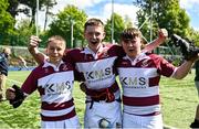 5 May 2025; Tullow players celebrate after their side's victory in the Leinster Rugby U15 Plate final match between Gorey and Tullow at Energia Park in Dublin. Photo by Stephen Marken/Sportsfile