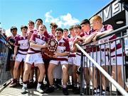 5 May 2025; Tullow players celebrate after their side's victory in the Leinster Rugby U15 Plate final match between Gorey and Tullow at Energia Park in Dublin. Photo by Stephen Marken/Sportsfile
