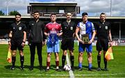 4 May 2025; Referee Ruben Collins, centre, and his officials with team captains Kealan Crowe of College Corinthians and Christian Ryan of Mervue United before the FAI Youth Cup final match between Mervue United and College Corinthians at Eamonn Deacy Park in Galway. Photo by Tyler Miller/Sportsfile