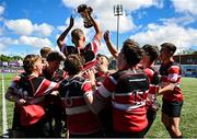 5 May 2025; Wicklow players celebrate after their side's victory in the Leinster Rugby U15 McAuley Cup final match between Wicklow and Boyne at Energia Park in Dublin. Photo by Stephen Marken/Sportsfile