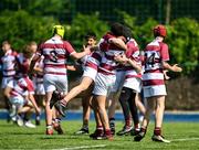 5 May 2025; Tullow players celebrate after their side's victory in the Leinster Rugby U15 Plate final match between Gorey and Tullow at Energia Park in Dublin. Photo by Stephen Marken/Sportsfile