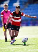 5 May 2025; Alex Healy of Wicklow kicks a conversion during the Leinster Rugby U15 McAuley Cup final match between Wicklow and Boyne at Energia Park in Dublin. Photo by Stephen Marken/Sportsfile