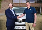 7 May 2025; Fiat managing director John Saunders, left, and Olympic Federation of Ireland CEO Peter Sherrard pictured at the launch of a new partnership between Team Ireland and Fiat, held at Olympic House on the Sport Ireland Campus in Dublin. The Olympic Federation of Ireland has announced a four-year partnership with Fiat, naming the iconic Italian car brand as the Official Car Partner of Team Ireland through to the Milano Cortina 2026 Winter Olympic Games and the Los Angeles 2028 Summer Olympic Games. As part of the agreement, a dedicated fleet of Fiat vehicles will be provided to athletes and sporting National Governing Bodies. Photo by Brendan Moran/Sportsfile
