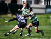 5 May 2025; Tom Concannon of Naas is tackled by Conor Hancock of Wexford during the Leinster Rugby U16 Plate final match between Wexford and Naas at Energia Park in Dublin. Photo by Stephen Marken/Sportsfile