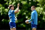5 May 2025; Jordie Barrett, left, and Sam Prendergast during Leinster Rugby squad training at UCD in Dublin. Photo by Seb Daly/Sportsfile