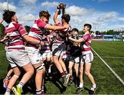 5 May 2025; The Tullow players celebrate after their side's victory in the Leinster Rugby U16 Cup final match between Tullow and Navan at Energia Park in Dublin. Photo by Stephen Marken/Sportsfile