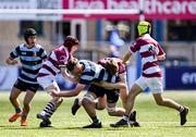 5 May 2025; Gareth Reilly of Navan is tackled by Brandon Nolan of Tullow during the Leinster Rugby U16 Cup final match between Tullow and Navan at Energia Park in Dublin. Photo by Stephen Marken/Sportsfile