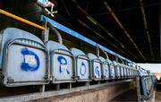 5 May 2025; Graffiti is seen on seats before the SSE Airtricity Men's Premier Division match between Drogheda United and Cork City at Sullivan & Lambe Park in Drogheda, Louth. Photo by Tyler Miller/Sportsfile