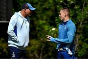 5 May 2025; Senior coach Jacques Nienaber, left, and Sam Prendergast before Leinster Rugby squad training at UCD in Dublin. Photo by Seb Daly/Sportsfile