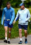 5 May 2025; Senior coach Jacques Nienaber, right, and Sam Prendergast before Leinster Rugby squad training at UCD in Dublin. Photo by Seb Daly/Sportsfile