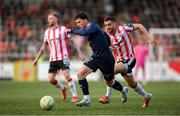 2 May 2025; Ali Coote of Shelbourne in action against Michael Duffy of Derry City during the SSE Airtricity Men's Premier Division match between Derry City and Shelbourne at The Ryan McBride Brandywell Stadium in Derry. Photo by Stephen McCarthy/Sportsfile