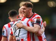 2 May 2025; Ronan Boyce celebrates with his Derry City team-mate Liam Boyce, on scoring their second goal, during the SSE Airtricity Men's Premier Division match between Derry City and Shelbourne at The Ryan McBride Brandywell Stadium in Derry. Photo by Stephen McCarthy/Sportsfile