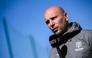 5 May 2025; Waterford interim head coach Matt Lawlor is interviewed before the SSE Airtricity Men's Premier Division match between Shelbourne and Waterford at Tolka Park in Dublin. Photo by Seb Daly/Sportsfile
