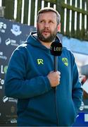 5 May 2025; Cork City manager Tim Clancy is interviewed before the SSE Airtricity Men's Premier Division match between Drogheda United and Cork City at Sullivan & Lambe Park in Drogheda, Louth. Photo by Tyler Miller/Sportsfile
