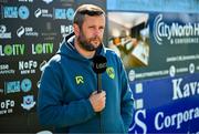 5 May 2025; Cork City manager Tim Clancy is interviewed before the SSE Airtricity Men's Premier Division match between Drogheda United and Cork City at Sullivan & Lambe Park in Drogheda, Louth. Photo by Tyler Miller/Sportsfile