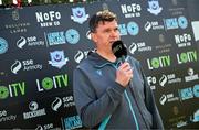 5 May 2025; Drogheda United manager Kevin Doherty is interviewed before the SSE Airtricity Men's Premier Division match between Drogheda United and Cork City at Sullivan & Lambe Park in Drogheda, Louth. Photo by Tyler Miller/Sportsfile
