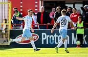 5 May 2025; Padraig Amond of Waterford, left, celebrates after scoring his side's first goal during the SSE Airtricity Men's Premier Division match between Shelbourne and Waterford at Tolka Park in Dublin. Photo by Seb Daly/Sportsfile