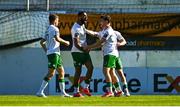 5 May 2025; Djenairo Daniels of Cork City, centre, celebrates with team-mates after scoring their side's first goal during the SSE Airtricity Men's Premier Division match between Drogheda United and Cork City at Sullivan & Lambe Park in Drogheda, Louth. Photo by Tyler Miller/Sportsfile