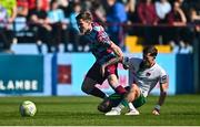 5 May 2025; Conor Kane of Drogheda United in action against Evan McLaughlin of Cork City during the SSE Airtricity Men's Premier Division match between Drogheda United and Cork City at Sullivan & Lambe Park in Drogheda, Louth. Photo by Tyler Miller/Sportsfile