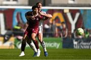 5 May 2025; Moses Dyer of Galway United in action against John Mountney of Bohemians during the SSE Airtricity Men's Premier Division match between Galway United and Bohemians at Eamonn Deacy Park in Galway. Photo by Brendan Moran/Sportsfile