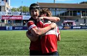 5 May 2025; Jamie Murray, left, and James Curry of Wicklow celebrate after their side's victory in the Leinster Rugby U18 Tom D'Arcy Cup final match between Balbriggan and Wicklow at Energia Park in Dublin. Photo by Stephen Marken/Sportsfile