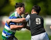 5 May 2025; Diarmuid O'Shaugnessy of Gorey is tackled by Rian Browne of Longford during the Leinster Rugby U16 Cup final match between Tullow and Navan at Energia Park in Dublin. Photo by Stephen Marken/Sportsfile