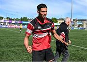 5 May 2025; Ricardo Whelan of Wicklow celebrates after his side's victory in the Leinster Rugby U18 Tom D'Arcy Cup final match between Balbriggan and Wicklow at Energia Park in Dublin. Photo by Stephen Marken/Sportsfile