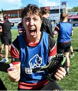 5 May 2025; Charlie Tiernan of Wicklow celebrates after his side's victory in the Leinster Rugby U18 Tom D'Arcy Cup final match between Balbriggan and Wicklow at Energia Park in Dublin. Photo by Stephen Marken/Sportsfile