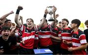 5 May 2025; Wicklow players celebrate after their side's victory in the Leinster Rugby U18 Tom D'Arcy Cup final match between Balbriggan and Wicklow at Energia Park in Dublin. Photo by Stephen Marken/Sportsfile