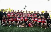 5 May 2025; Wicklow players celebrate after their side's victory in the Leinster Rugby U18 Tom D'Arcy Cup final match between Balbriggan and Wicklow at Energia Park in Dublin. Photo by Stephen Marken/Sportsfile