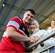 5 May 2025; Jack McConnell is congratulated by his grandmother Valerie after the Leinster Rugby U18 Tom D'Arcy Cup final match between Balbriggan and Wicklow at Energia Park in Dublin. Photo by Stephen Marken/Sportsfile