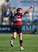 5 May 2025; James Curry of Wicklow celebrates after kicking the winning scorin during the Leinster Rugby U18 Tom D'Arcy Cup final match between Balbriggan and Wicklow at Energia Park in Dublin. Photo by Stephen Marken/Sportsfile