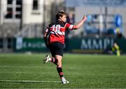 5 May 2025; James Curry of Wicklow celebrates after kicking the winning scorin during the Leinster Rugby U18 Tom D'Arcy Cup final match between Balbriggan and Wicklow at Energia Park in Dublin. Photo by Stephen Marken/Sportsfile
