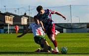 5 May 2025; Conor Kane of Drogheda United is tackled by Harry Nevin of Cork City during the SSE Airtricity Men's Premier Division match between Drogheda United and Cork City at Sullivan & Lambe Park in Drogheda, Louth. Photo by Tyler Miller/Sportsfile