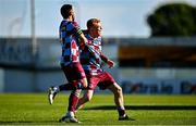 5 May 2025; Shane Farrell of Drogheda United, right, celebrates with team-mate Ryan Brennan after scoring their side's first goal during the SSE Airtricity Men's Premier Division match between Drogheda United and Cork City at Sullivan & Lambe Park in Drogheda, Louth. Photo by Tyler Miller/Sportsfile