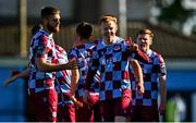 5 May 2025; Shane Farrell of Drogheda United, right, celebrates after scoring his side's first goal during the SSE Airtricity Men's Premier Division match between Drogheda United and Cork City at Sullivan & Lambe Park in Drogheda, Louth. Photo by Tyler Miller/Sportsfile