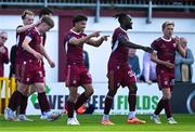 5 May 2025; Moses Dyer of Galway United, 9, celebrates with teammates after scoring their side's first goal during the SSE Airtricity Men's Premier Division match between Galway United and Bohemians at Eamonn Deacy Park in Galway. Photo by Brendan Moran/Sportsfile