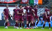 5 May 2025; Moses Dyer of Galway United, 9, celebrates with teammate Killian Brouder after scoring their side's first goal during the SSE Airtricity Men's Premier Division match between Galway United and Bohemians at Eamonn Deacy Park in Galway. Photo by Brendan Moran/Sportsfile