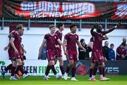 5 May 2025; Moses Dyer of Galway United, 9, celebrates with teammates after scoring their side's first goal during the SSE Airtricity Men's Premier Division match between Galway United and Bohemians at Eamonn Deacy Park in Galway. Photo by Brendan Moran/Sportsfile
