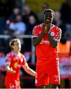 5 May 2025; Mipo Odubeko of Shelbourne reacts during the SSE Airtricity Men's Premier Division match between Shelbourne and Waterford at Tolka Park in Dublin. Photo by Seb Daly/Sportsfile