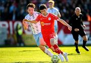 5 May 2025; Ali Coote of Shelbourne in action against Sam Glenfield of Waterford during the SSE Airtricity Men's Premier Division match between Shelbourne and Waterford at Tolka Park in Dublin. Photo by Seb Daly/Sportsfile