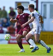 5 May 2025; Moses Dyer of Galway United in action against John Mountney of Bohemians during the SSE Airtricity Men's Premier Division match between Galway United and Bohemians at Eamonn Deacy Park in Galway. Photo by Brendan Moran/Sportsfile