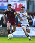 5 May 2025; Patrick Hickey of Galway United in action against Adam McDonnell and James McManus of Bohemians during the SSE Airtricity Men's Premier Division match between Galway United and Bohemians at Eamonn Deacy Park in Galway. Photo by Brendan Moran/Sportsfile