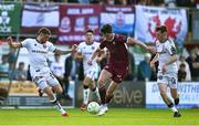 5 May 2025; Patrick Hickey of Galway United in action against Adam McDonnell and James McManus of Bohemians during the SSE Airtricity Men's Premier Division match between Galway United and Bohemians at Eamonn Deacy Park in Galway. Photo by Brendan Moran/Sportsfile