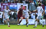5 May 2025; Patrick Hickey of Galway United in action against Adam McDonnell and James McManus of Bohemians during the SSE Airtricity Men's Premier Division match between Galway United and Bohemians at Eamonn Deacy Park in Galway. Photo by Brendan Moran/Sportsfile